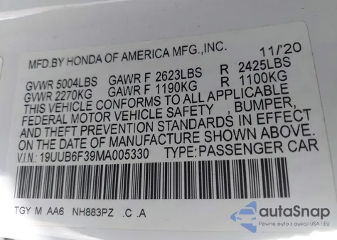 2021 Acura Tlx Standard из США, поврежденный, VIN 19UUB6F39MA005330